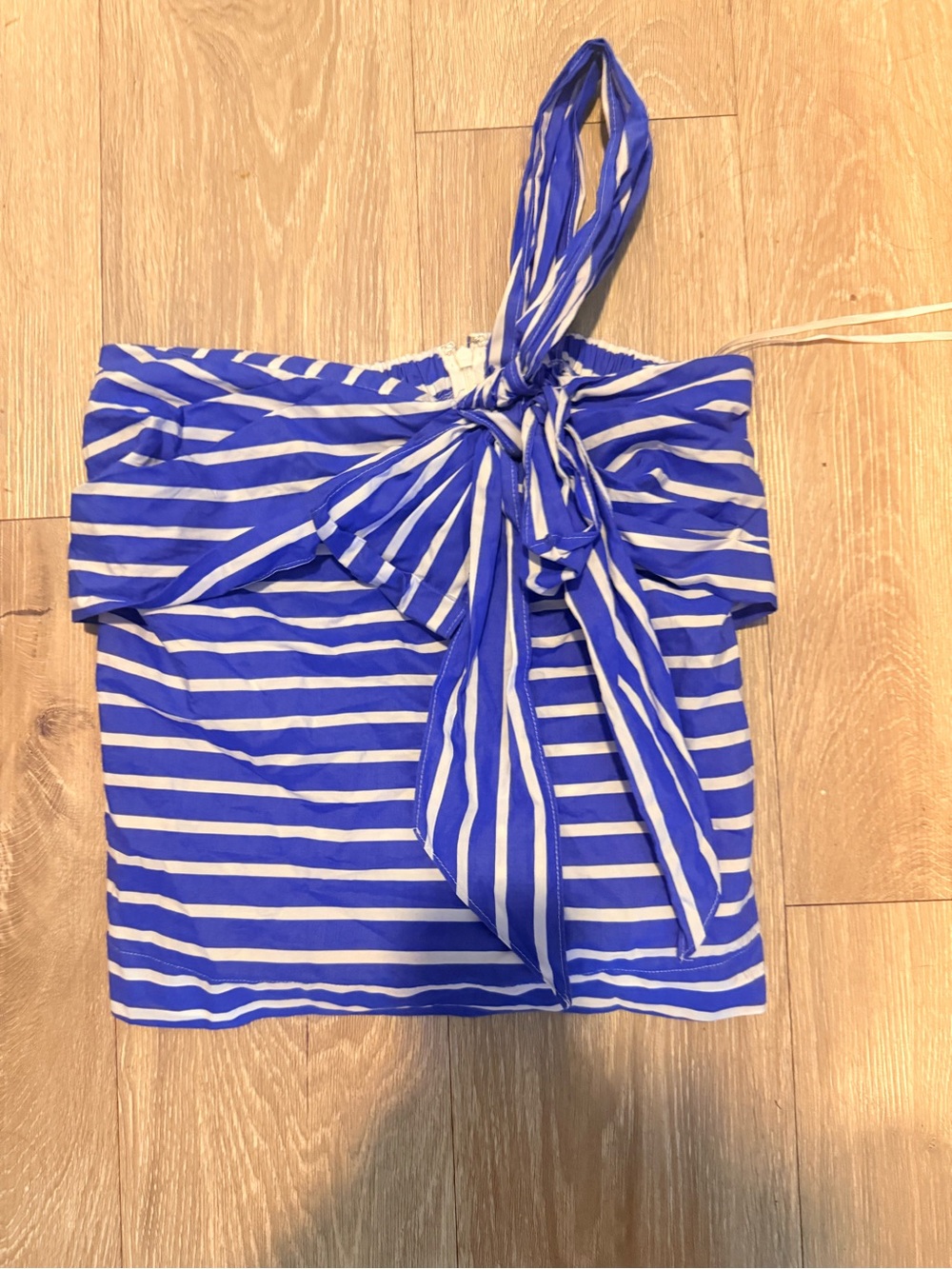 J. Crew Blue and White Striped One-Shoulder Tie Crop Top